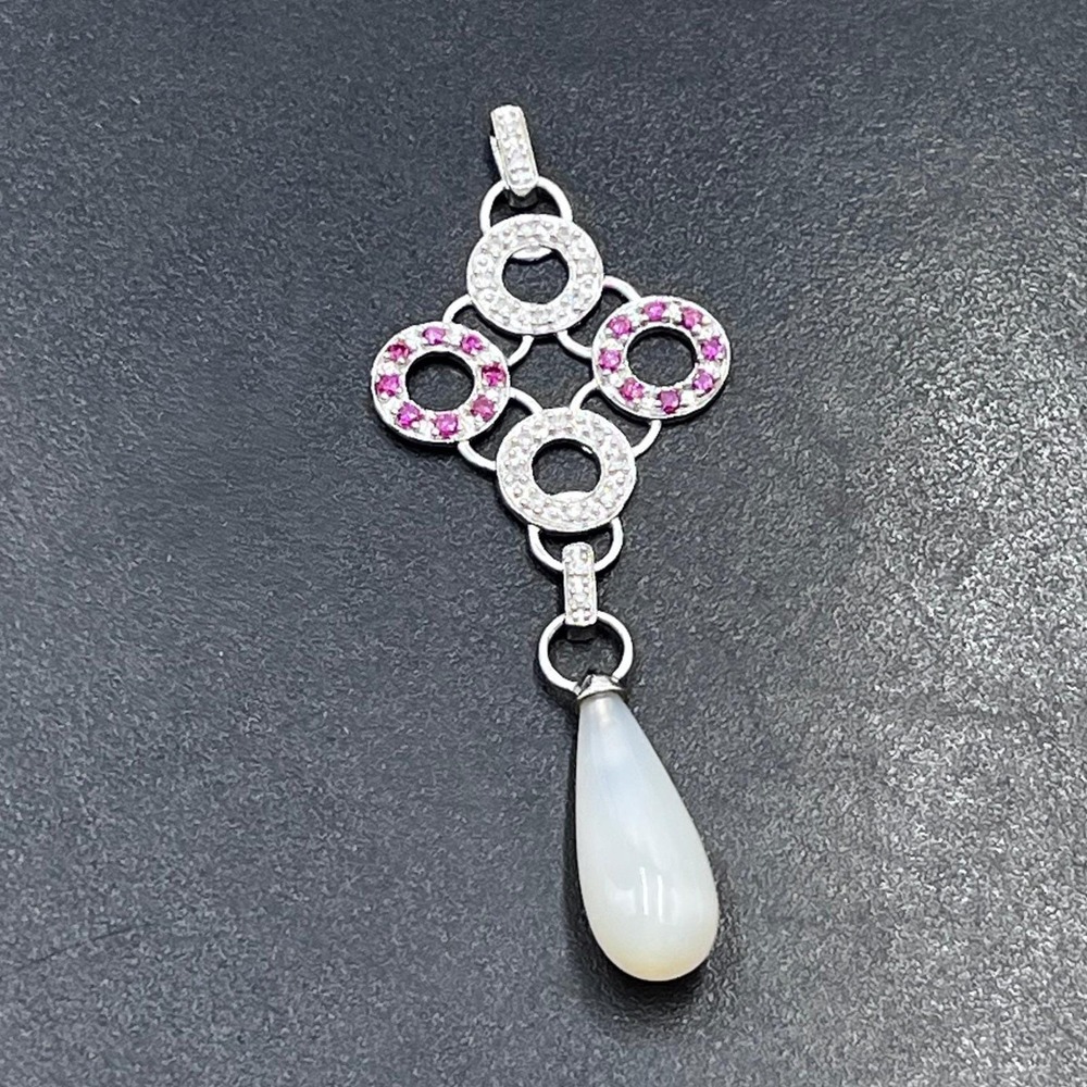 HN 10K White Gold Pink Sapphire, Diamond, Opalite Open Geometric
Dangle Pendant